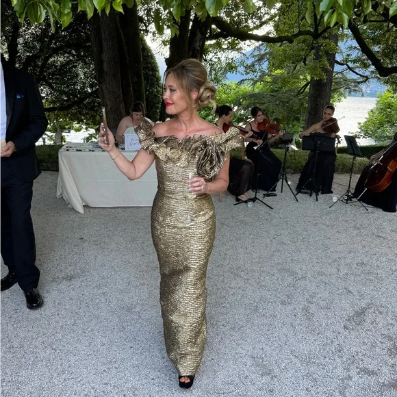 Luxurious Gold Ruffled Off-Shoulder Gown Viral Mother of the bride dress - Picture 13 of 13